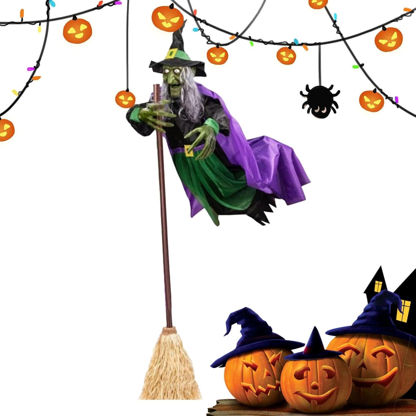 Halloween Animated Decorations Outdoor Scary Flying Hover Witch - 6Ft Flying Witch Decorations | Halloween Animated Props with Scary Sounds and Lights for Outdoor Garden Yard Halloween Decor