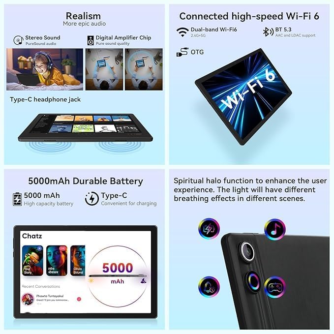 Ryesug 10 Inch, Android 14 Tablet 10GB RAM + 64GB ROM TF 1TB Expand, Widevine L1, Wifi6, BT5.3, 5MP+8MP Camera, 5000Mah, Facial Recognition, Dynamic Halo, Black