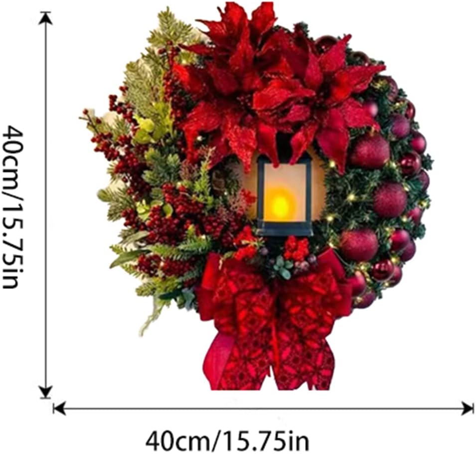 Christmas Wreath with Led Light Sacred Christmas Wreath Retro Red Christmas Wreath, Artificial Wreath Flocked with Mixed Decorations for Window, Porch, Wall Mantel (C)