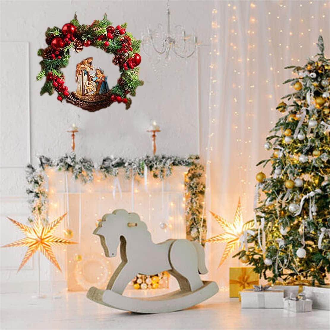 Christmas Wreath with Led Light Sacred Christmas Wreath Retro Red Christmas Wreath, Artificial Wreath Flocked with Mixed Decorations for Window, Porch, Wall Mantel (C)