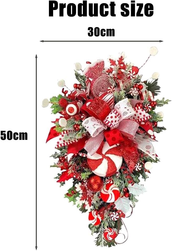 1 Piece Christmas Cane Wreath as Shown Plastic+Metal 12X24 Inch for Front Door Christmas Stairway Decorations Christmas Wreath for Indoor Decor
