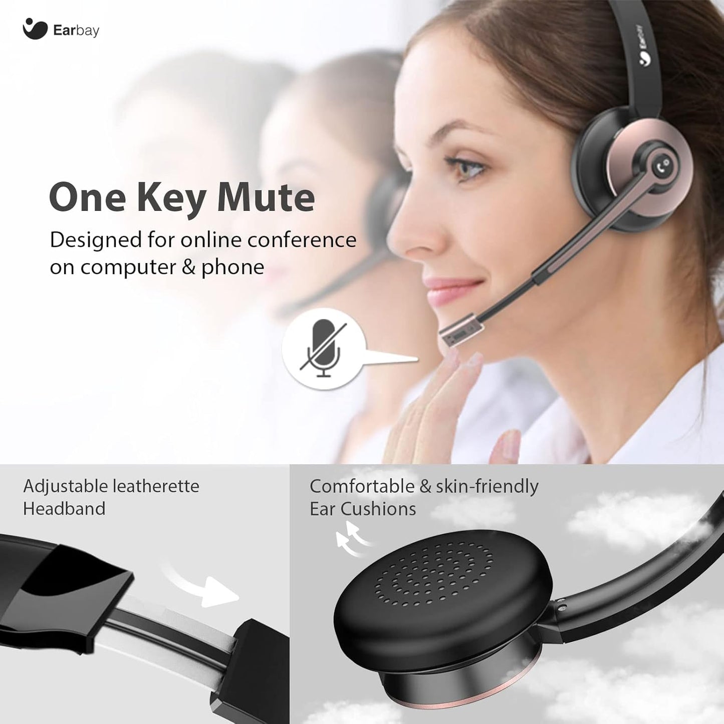 Wireless Headset, Bluetooth Headphones with Microphone Noise Canceling & USB Dongle, Office Headset with Charge Dock for Mobile Phone Computer Tablet Work Skype Zoom Conference Call Center