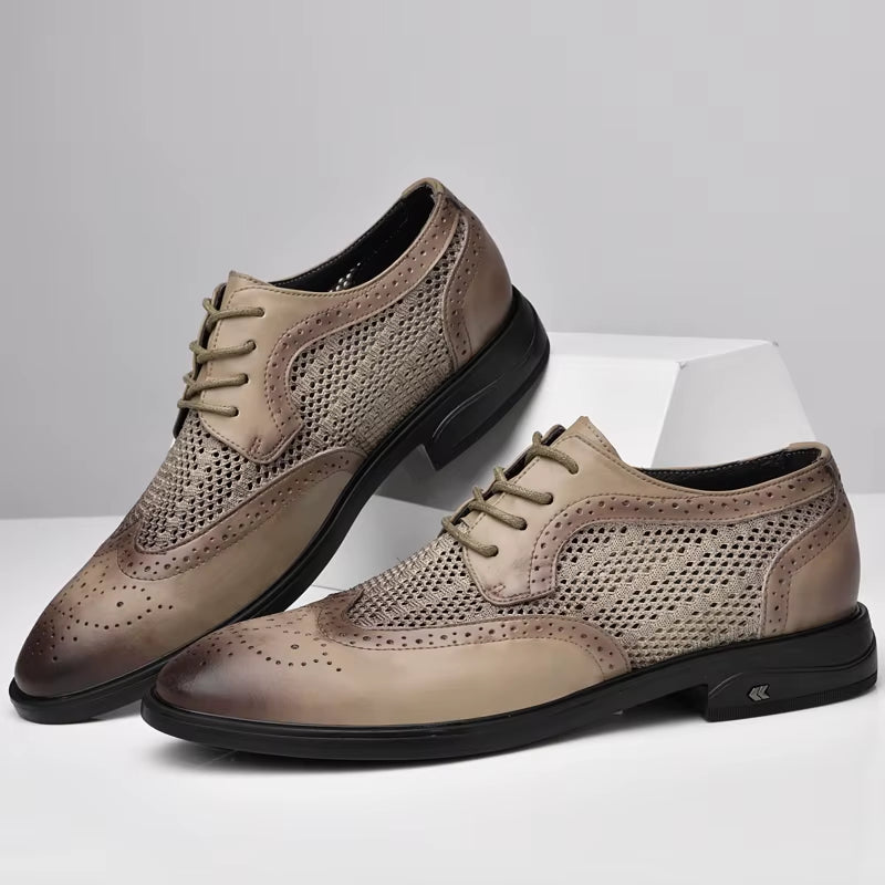 Men'S Genuine Leather Shoes Hollow Out Breathable Casual Shoes Business Leather Shoes Men'S Formal Shoes Low Heel Pointed Trend