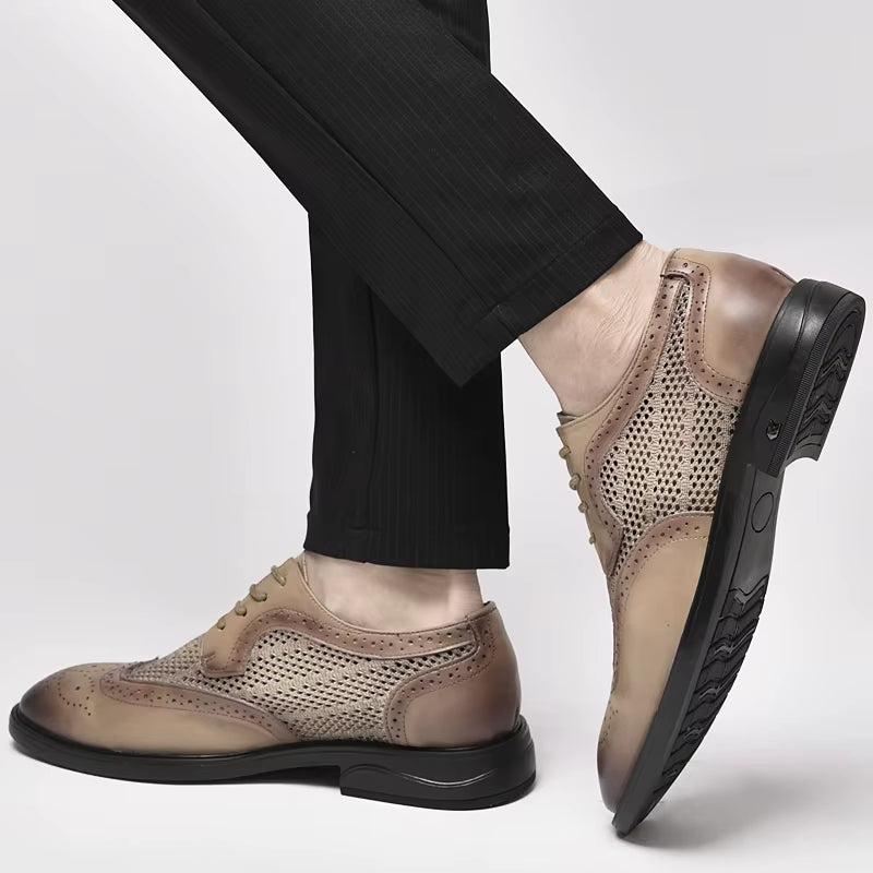 Men'S Genuine Leather Shoes Hollow Out Breathable Casual Shoes Business Leather Shoes Men'S Formal Shoes Low Heel Pointed Trend