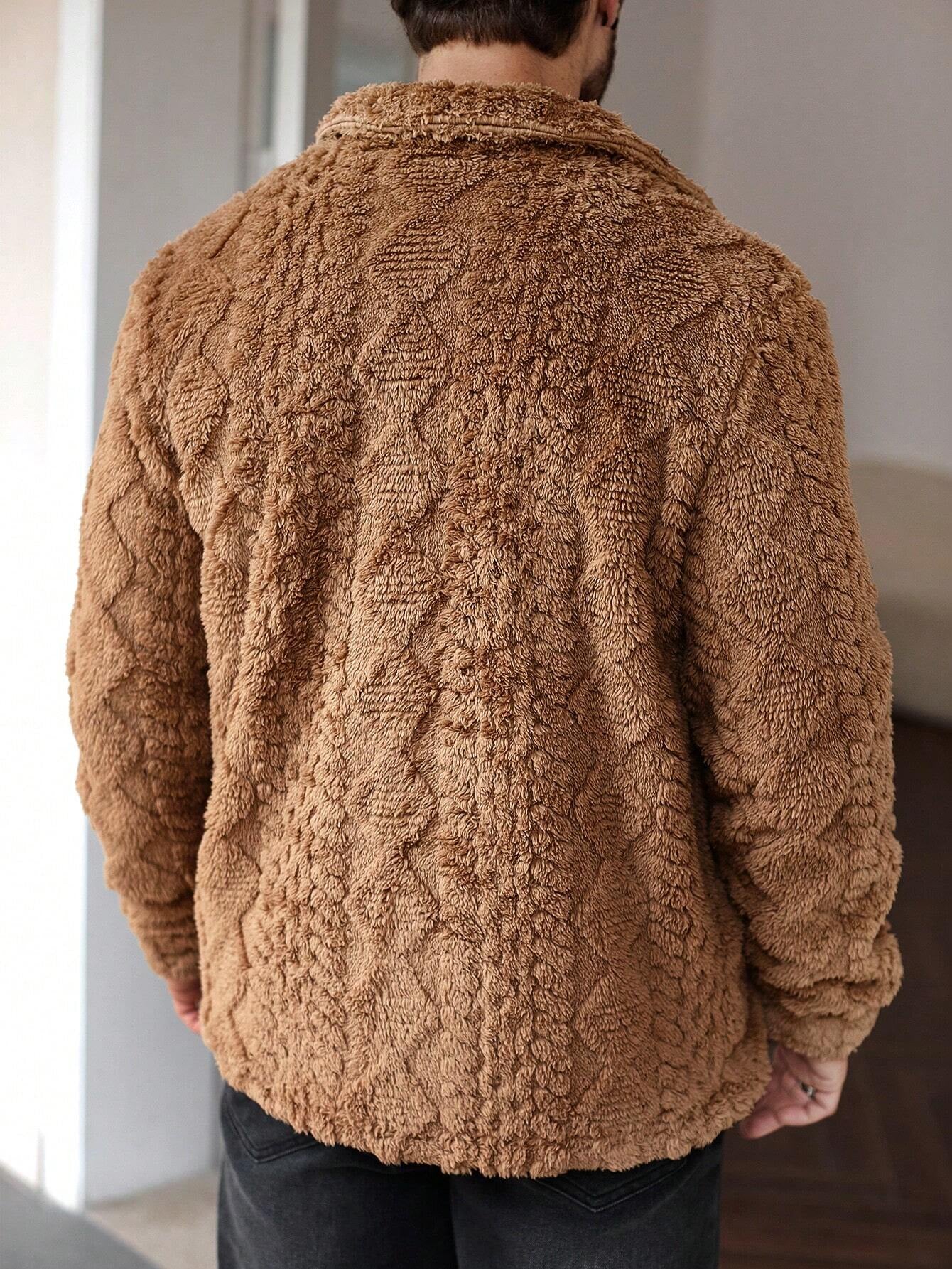 Manfinity Casualcool Men'S Casual Solid Color Fuzzy Jacket for Autumn/Winter ,Men Flannel,Winter Men Jacket, Going Out Warm Long Sleeve Jacket, for Friends, Husband, Boyfriend Gifts