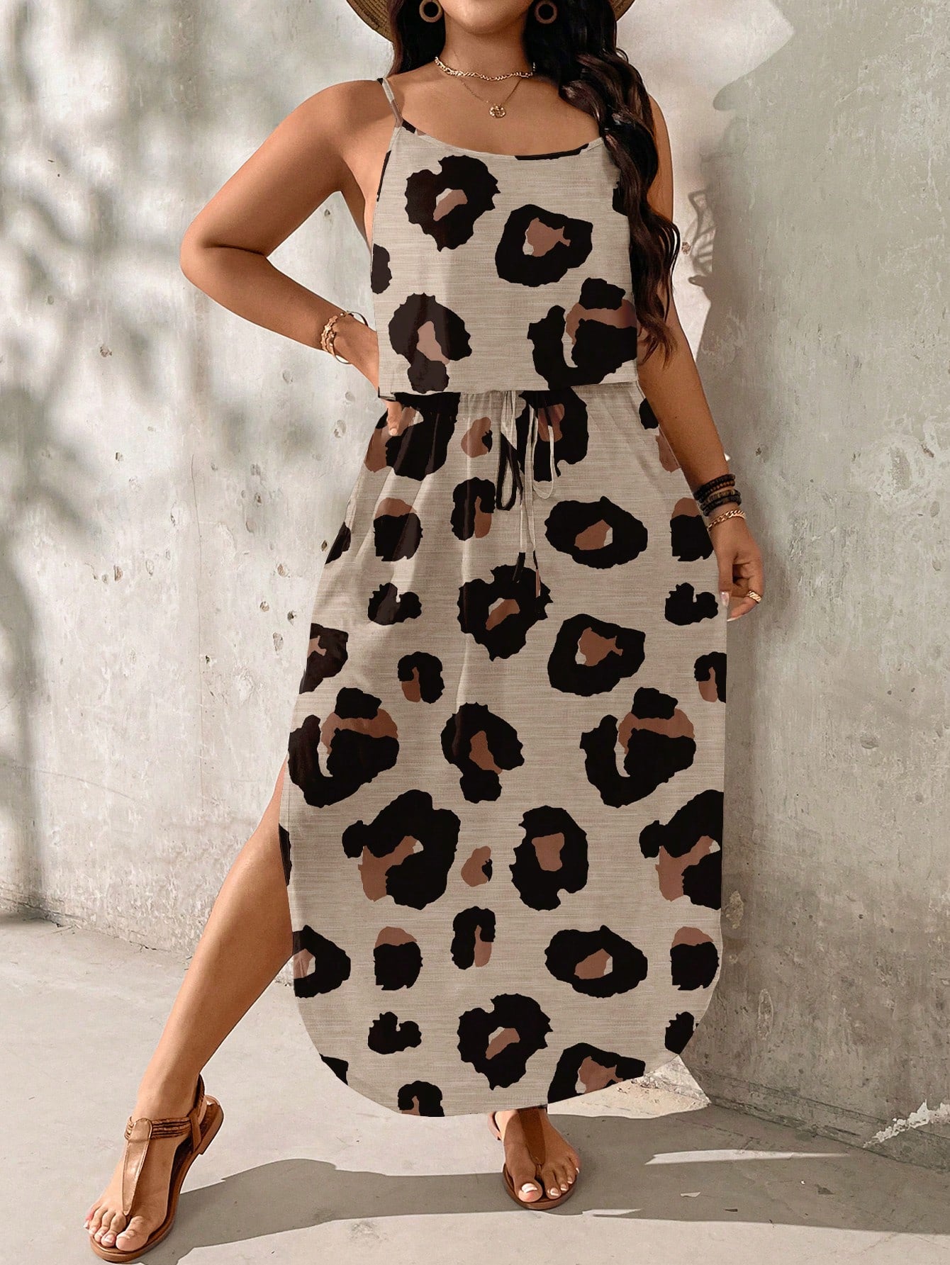 LUNE plus Size Vacation Textured Leopard Print Dress, Suitable for Summer