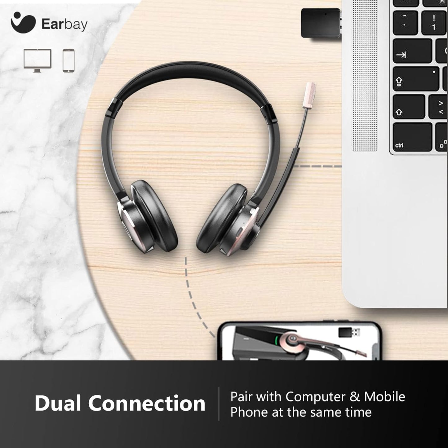 Wireless Headset, Bluetooth Headphones with Microphone Noise Canceling & USB Dongle, Office Headset with Charge Dock for Mobile Phone Computer Tablet Work Skype Zoom Conference Call Center