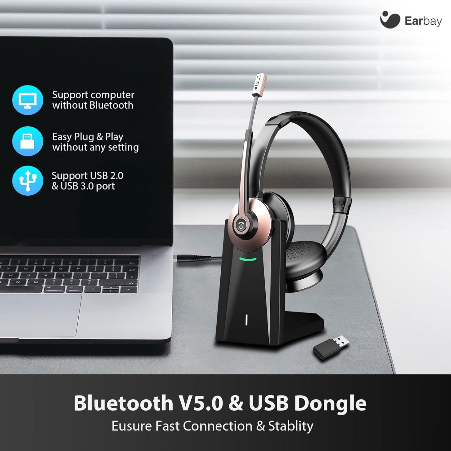 Wireless Headset, Bluetooth Headphones with Microphone Noise Canceling & USB Dongle, Office Headset with Charge Dock for Mobile Phone Computer Tablet Work Skype Zoom Conference Call Center