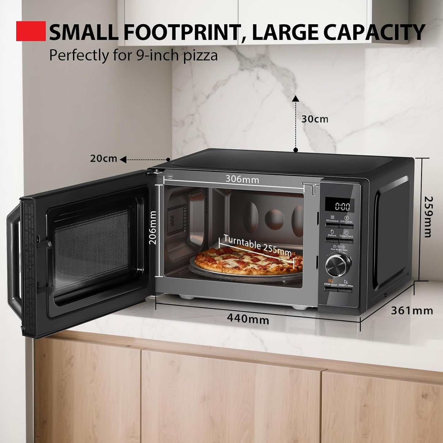 Toshiba Black Microwave 20 Liter Digital 800W Microwave Oven with 1000W Grill, Combination Compact with 5 Power Levels, 8 Auto Menus, Grill, Combi, Digital Clock, Mirror Door Finish, MW3-AG20PF(MB)