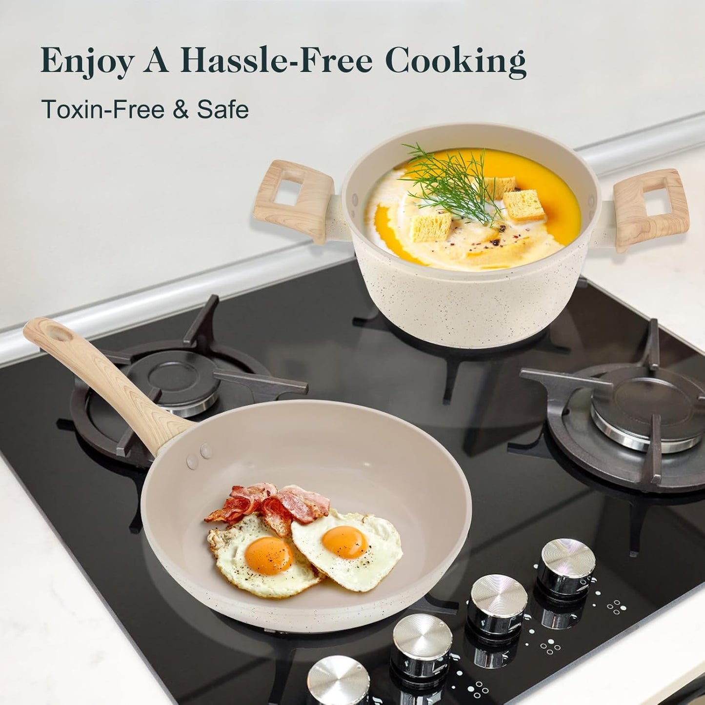 Pots and Pans Set Non Stick, 11 Piece Die-Cast Induction Hob Pan Set, Ceramic Cookware Set Nonstick Cooking Sets with Frying Pans, Saucepan Set, 100% PFOA Free, Cream