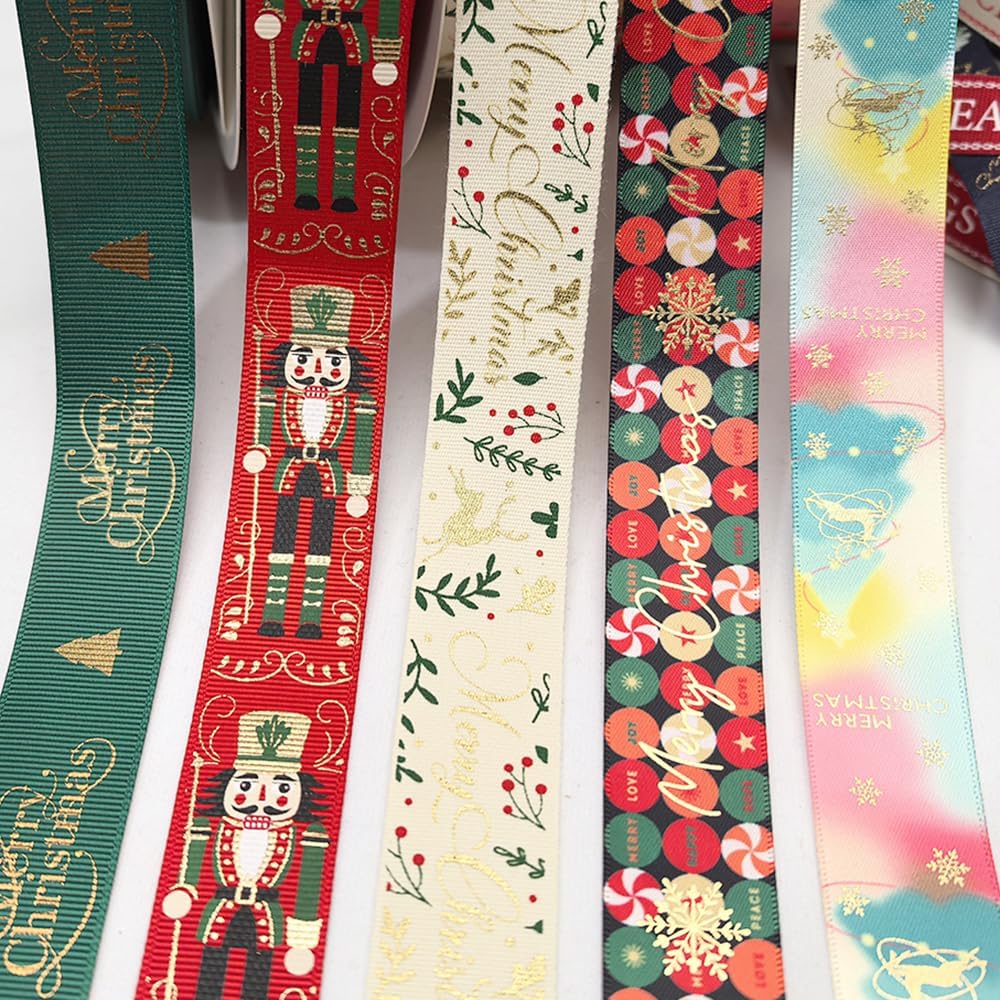 14 Yards Mix Sizes and Colors Merry Christmas Ribbons Grosgrain Satin Ribbon Snowman Santa Claus Jinglebell Santa Tree Snowflake Craft DIY Packing Hair Bow Accessory