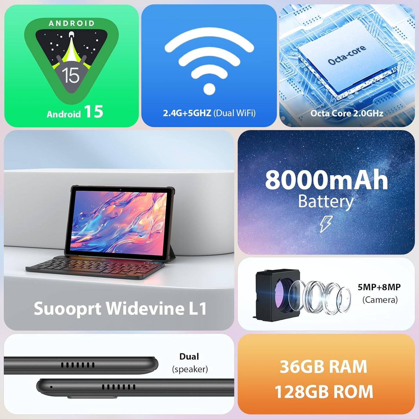 LINROM Tablet 10 Inch Android 15, 36GB RAM, 128GB ROM (TF 1TB), 1080P Widevine L1, 5G Wifi Octa-Core, 8000Mah, 5MP+8MP, Tablet with Keyboard|Mouse|Case|Earphone-Grey