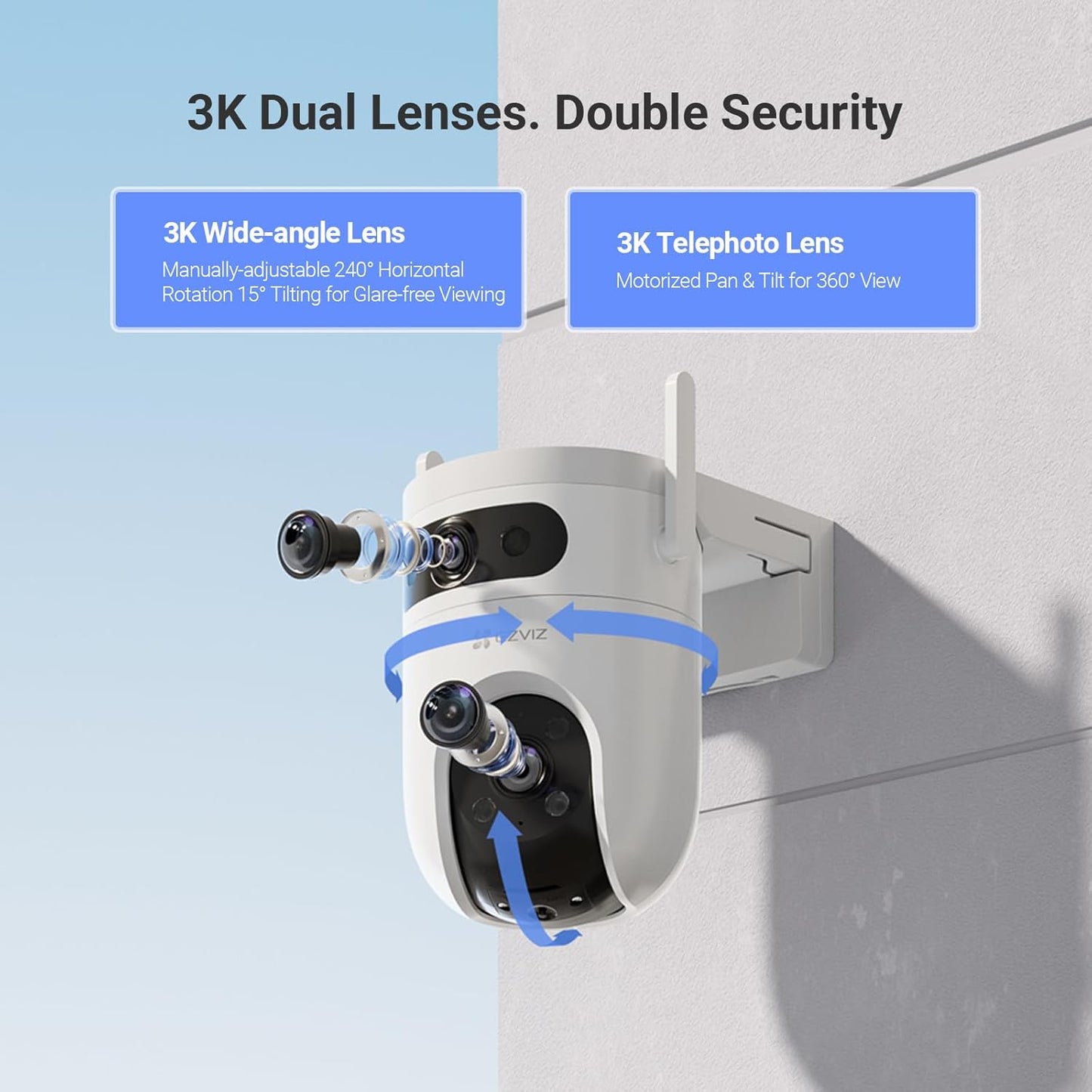 Dual Lens 6K (3K+3K) Wired Security Camera Outdoor Wifi, 360° Pan Tilt, Supports 512GB, Auto-Track, Patrol Mode, Human/Vehicle Detection, Color Night Vision, Wi-Fi CCTV, Alexa/Google (H9C)