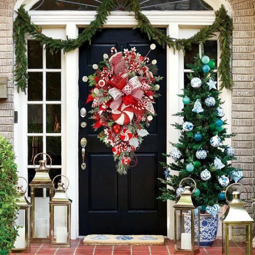 1 Piece Christmas Cane Wreath as Shown Plastic+Metal 12X24 Inch for Front Door Christmas Stairway Decorations Christmas Wreath for Indoor Decor