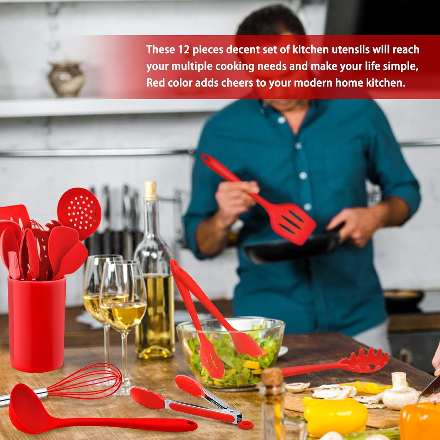 Kitchen Utensil Set, 12 Piece Cooking Utensils, Silicone Kitchen Utensils Set with Holder, Heat Resistant Kitchen Tools Include Spoons Turner Spatula Ladle Tong for Non-Stick Cookware, Red