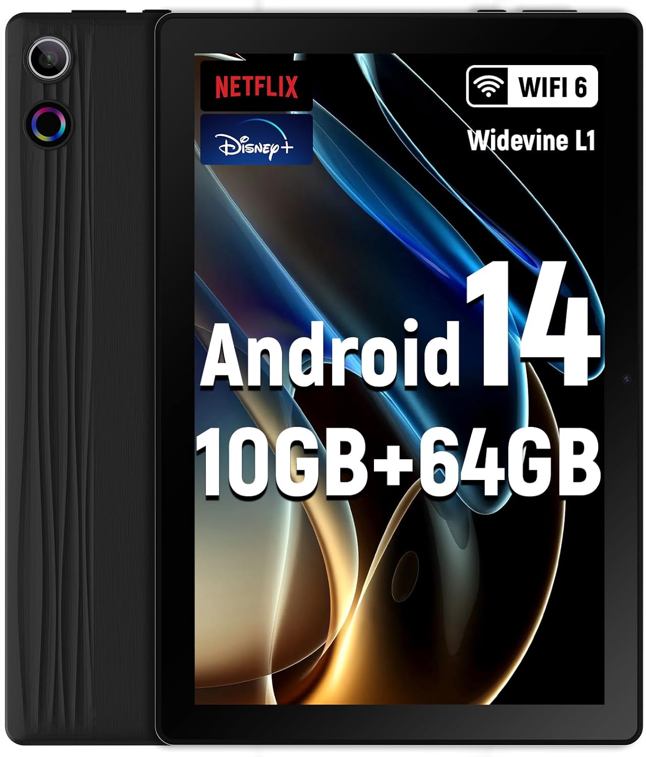 Ryesug 10 Inch, Android 14 Tablet 10GB RAM + 64GB ROM TF 1TB Expand, Widevine L1, Wifi6, BT5.3, 5MP+8MP Camera, 5000Mah, Facial Recognition, Dynamic Halo, Black