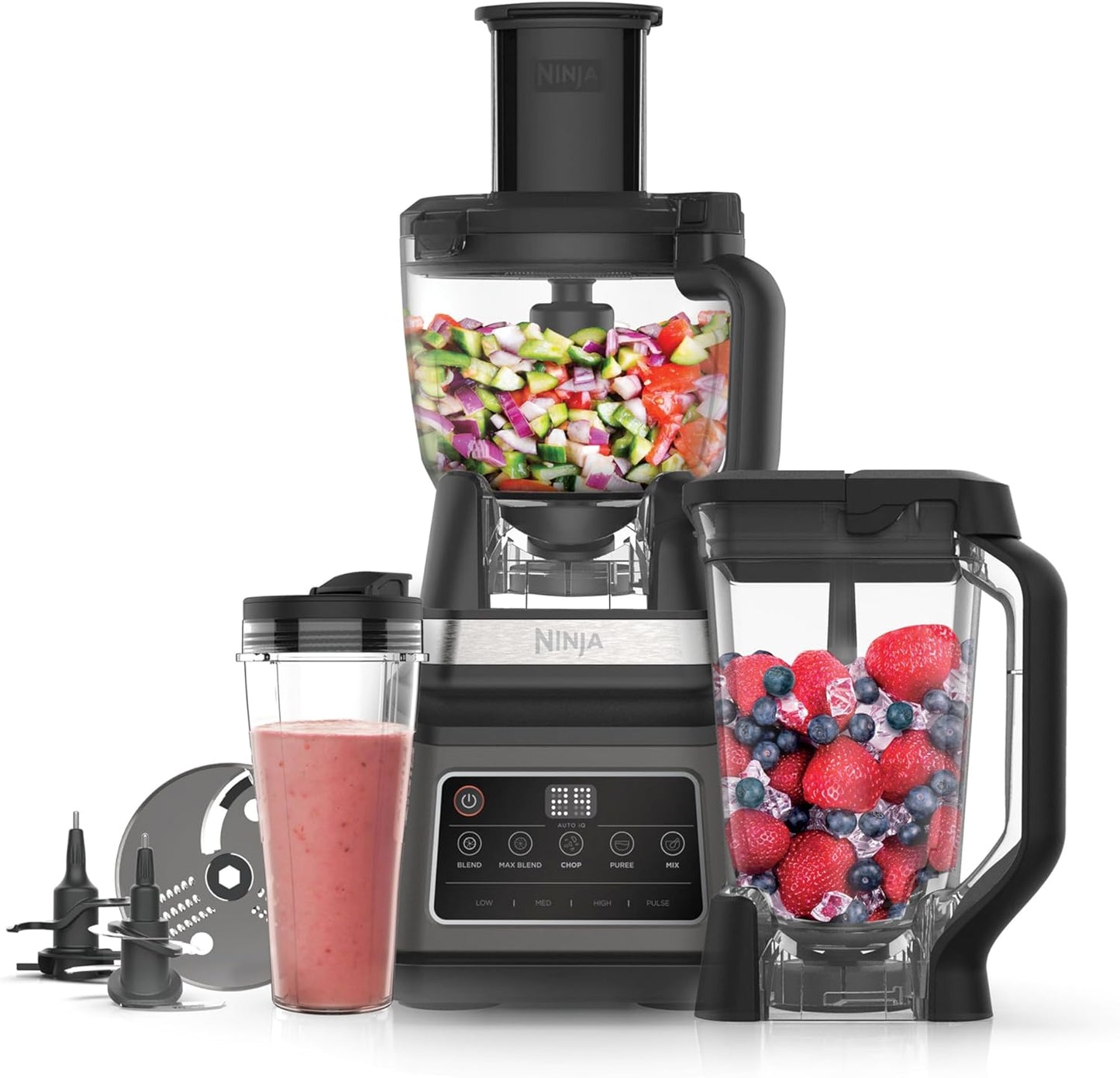 3-In-1 Food Processor & Blender with 5 Automatic Programs: Blend, Max Blend, Chop, Mix, Puree, 1.8L Bowl, 2.1L Jug, 700Ml Cup, 1200W, Dishwasher Safe Parts, Auto-Iq, Black BN800UK