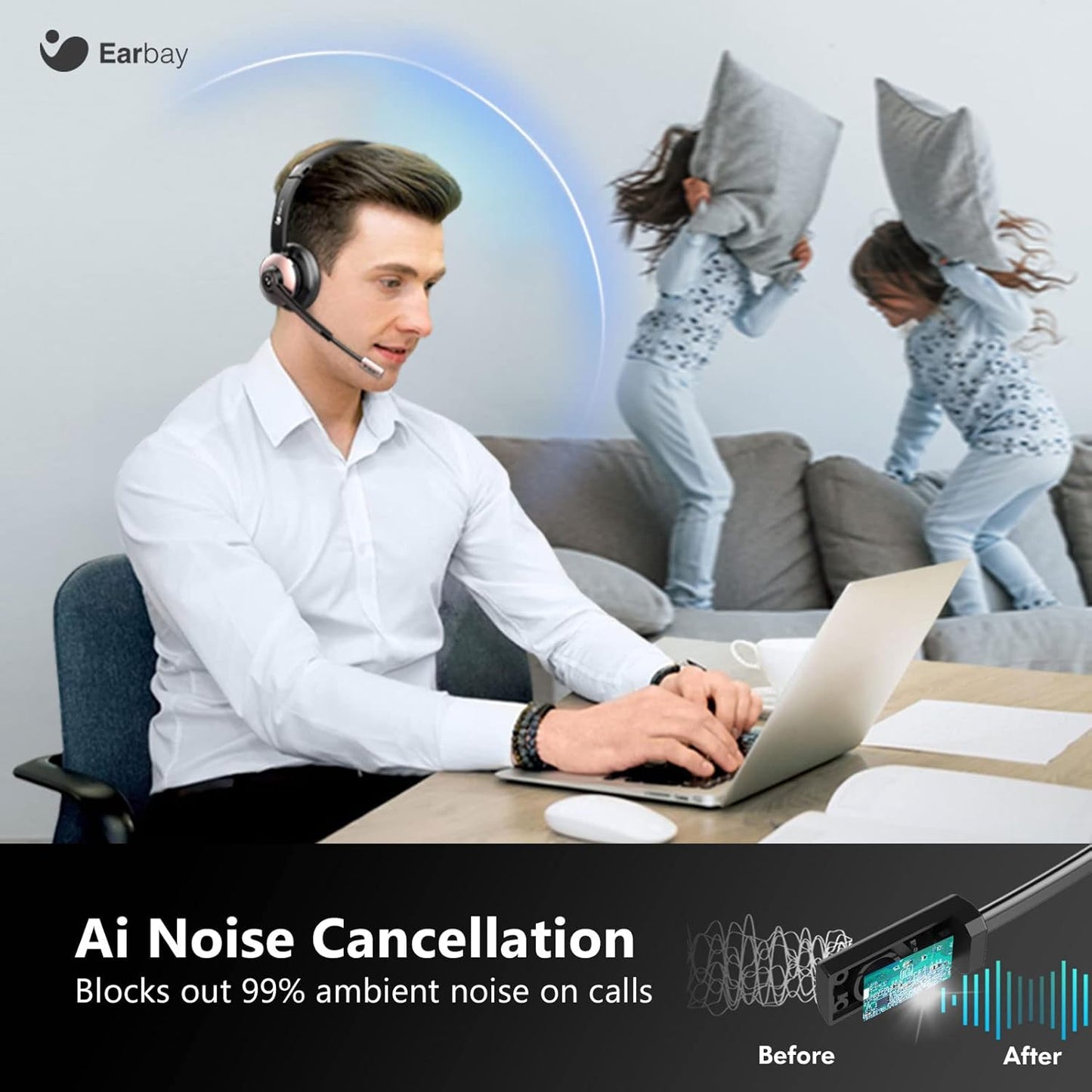 Wireless Headset, Bluetooth Headphones with Microphone Noise Canceling & USB Dongle, Office Headset with Charge Dock for Mobile Phone Computer Tablet Work Skype Zoom Conference Call Center