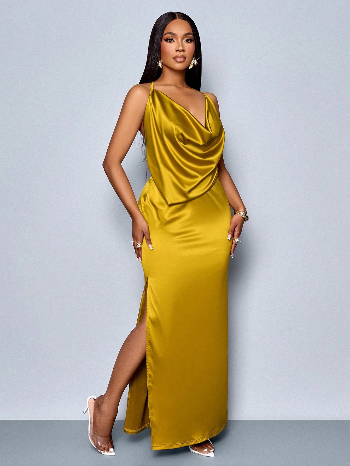 SOLERSUN Suitable for Christmas Party Vacation & Dating Elegant Solid Color Draped Collar Backless High Slit Satin Elegant Bodycon Dress,Valentine'S Day Dating