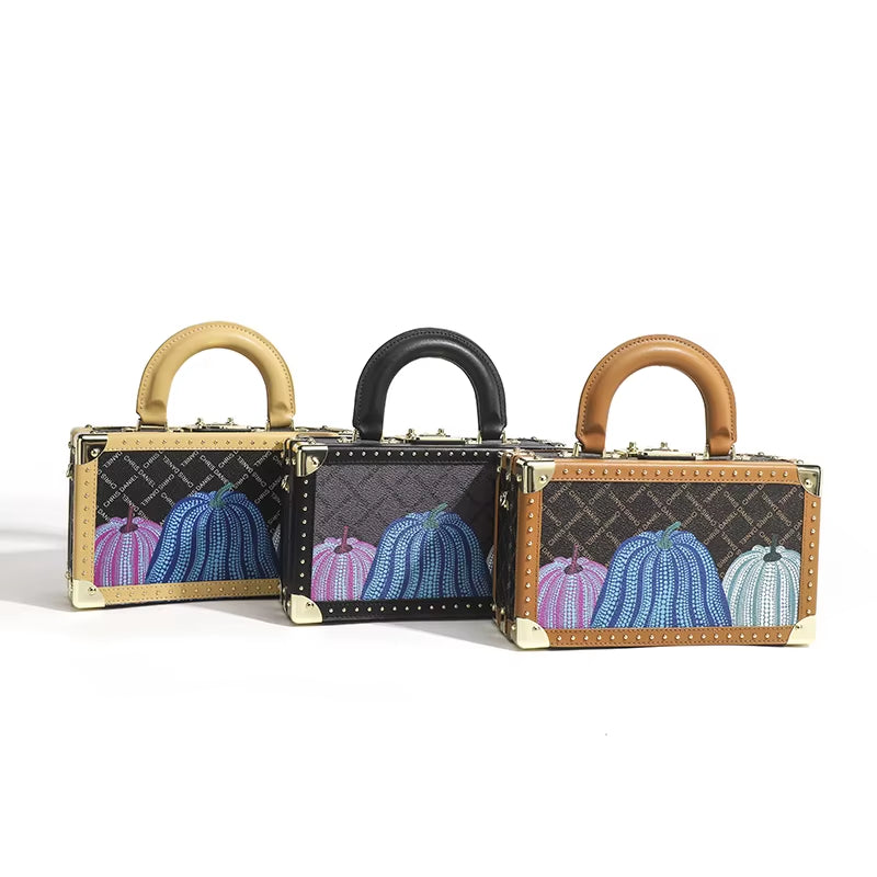 Genuine Leather Women Handbags Evening Bag Top Handle Satchel Crossbody Bag Small Hard Purse Pumpkin Box Bags