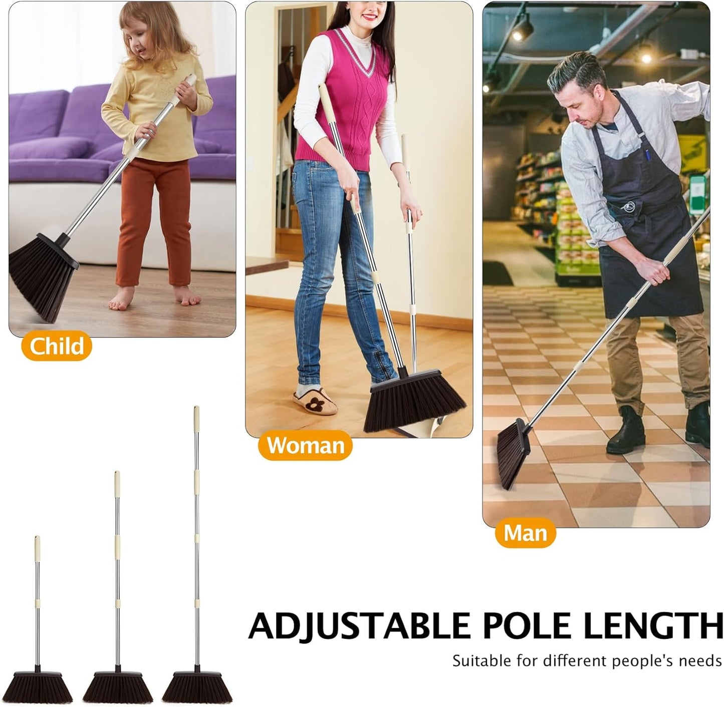 Long Handle Dustpan and Brush Sets, Broom and Dustpan Set with Comb Teeth, Sweeping Brush Set for Indoor Kitchen Lobby Office Sweeping Pet Dog Hair, Household Cleaning Supplies (Brown Beige)