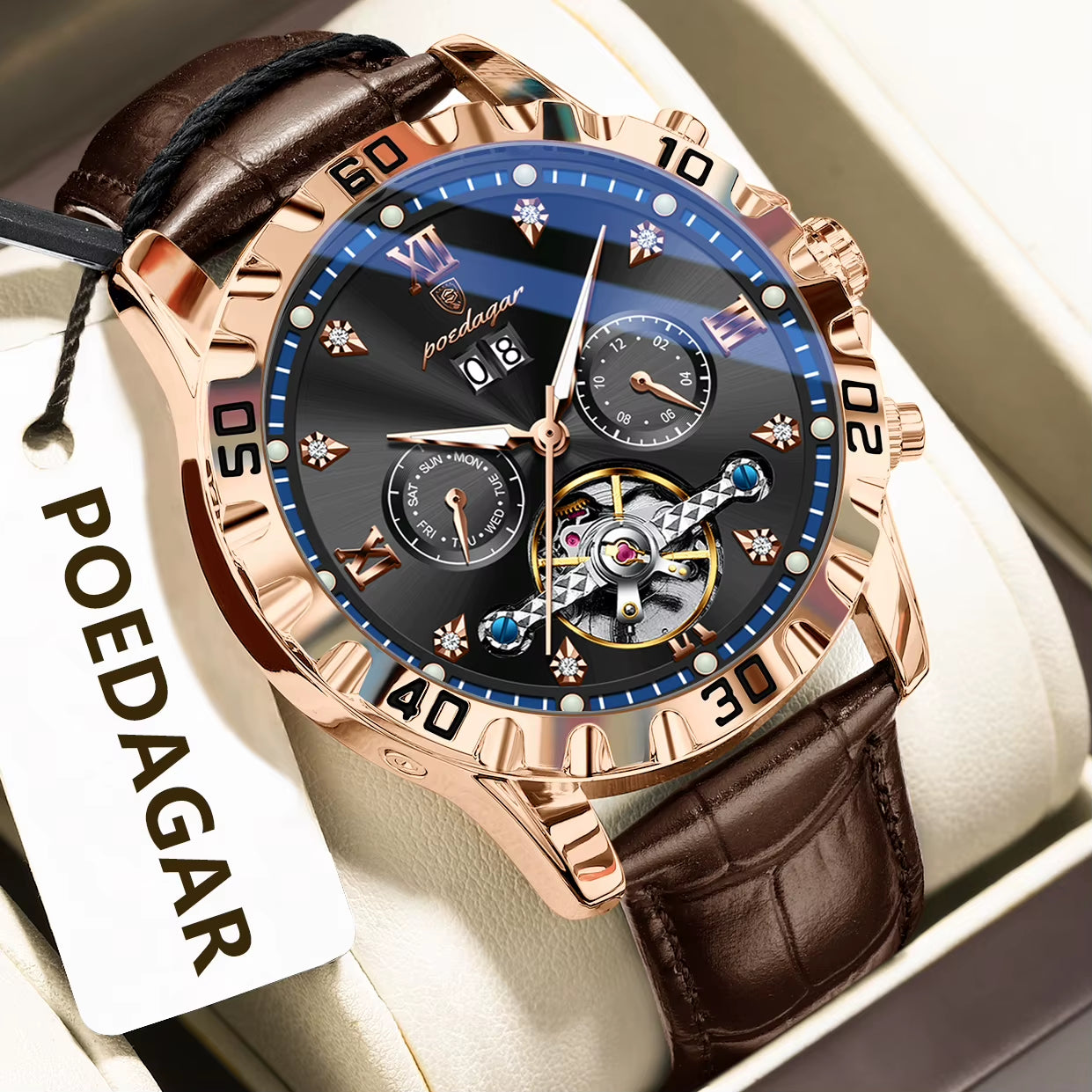 Fashion Men Wristwatch Luxury Hollow Tourbillon Luminous Date Week Man Clock Automatic Mechanical Leather Men'S Watches