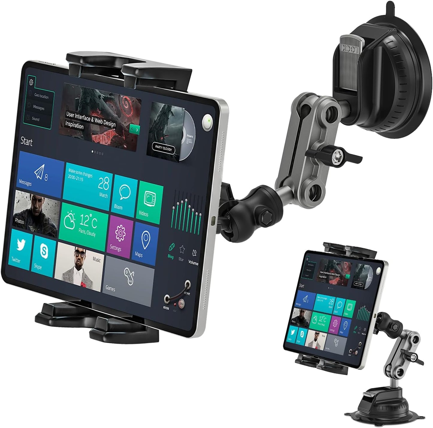 Tablet Holder for Car, 360° Rotate Adjustable Ipad Car Mount with Suction Cup, Dashboard Windshield Tablet Mount Suction Cup for Ipad/Samsung Galaxy, 4.7-12.9" Tablets and Smartphones