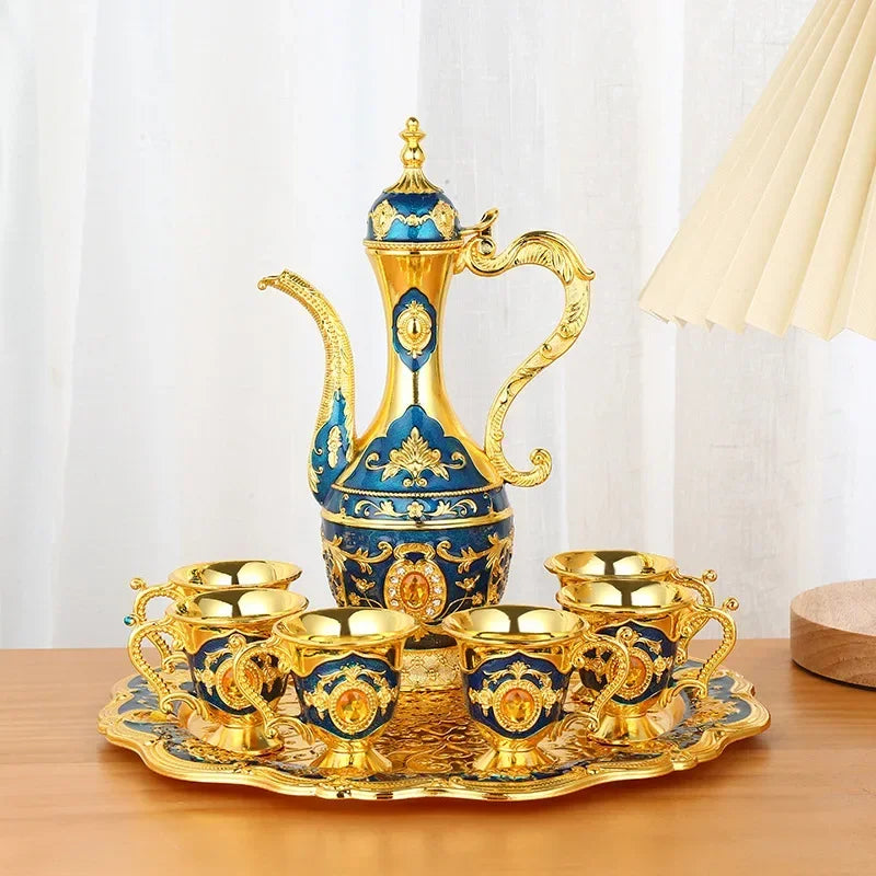 1Set Vintage Metal Turkish Coffee Pot Set European Style Tea Set 6 Luxury Coffee Cups Craft Tea Tray and Teapot for Serving Tea