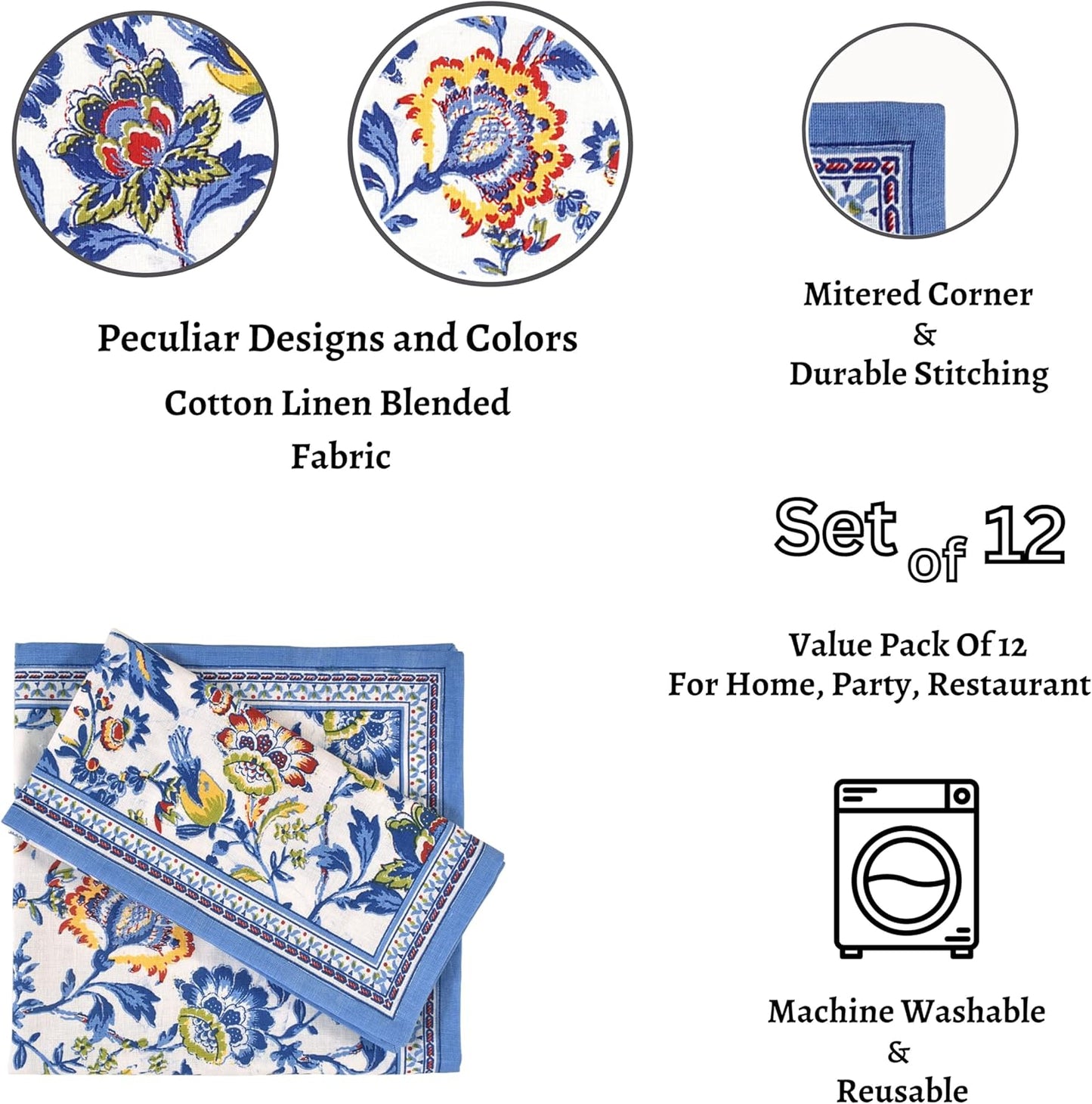 Cloth Napkins Set of 12 Cotton Linen Blend Printed Dinner Napkins Perfect for Parties Dinners Weddings Cocktail Christmas Napkins Cloth (Blue Floral)