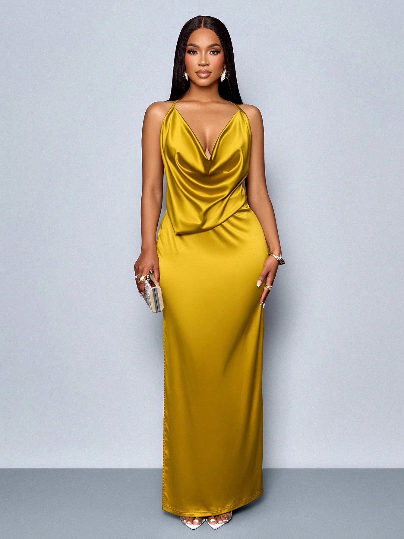 SOLERSUN Suitable for Christmas Party Vacation & Dating Elegant Solid Color Draped Collar Backless High Slit Satin Elegant Bodycon Dress,Valentine'S Day Dating