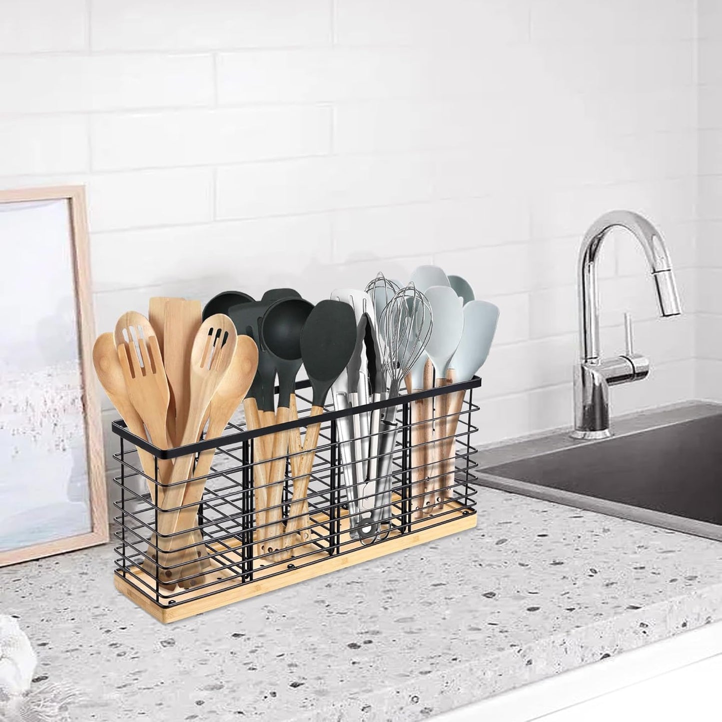 Extra Large Kitchen Utensil Holder with 4 Compartments, Matte Black Metal Holder with Wooden Base for Kitchen Countertop,Farmhouse Cooking Utensil Storage, Rustic Cooking Utensil