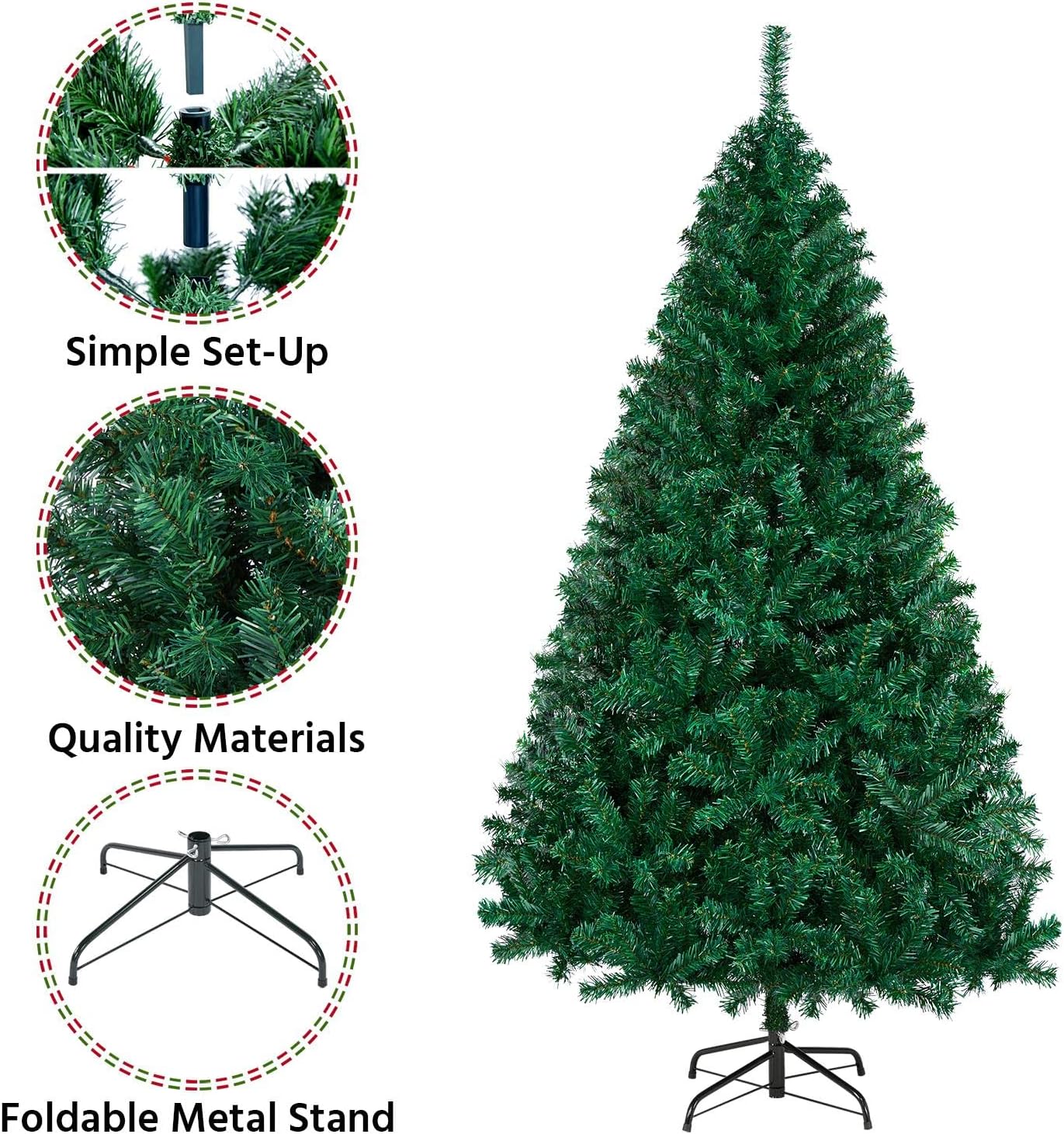 6Ft Hinged Spruce Christmas Tree Holiday Decoration Artificial Unlit Xmas Tree with 1000 PVC Flexible Tips