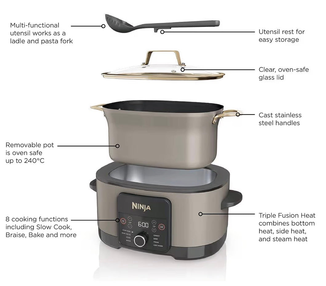 Foodi PossibleCooker, 8-in-1 Slow Cooker with Removable Non-Stick Pot, Steaming Rack, Integrated Spoon & Glass Lid, Slow Cook, Sear, Braise, Steam & more, 8L, Stone Gold, MC1001UKSTGD