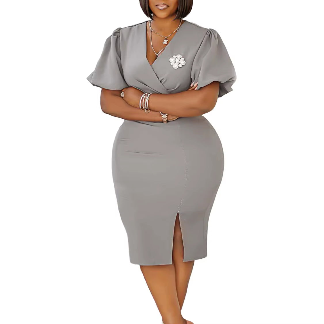 Guest Wedding Party Dress V Neck Short Lantern Sleeve Waist Belt Brooch Slit Solid Elegant Bodycon Sexy Feminine African Gowns