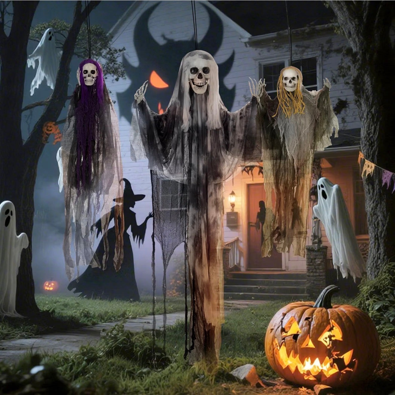 HOMCOM Hanging Skeleton Halloween Decorations Set of 3 90/110/170cm
