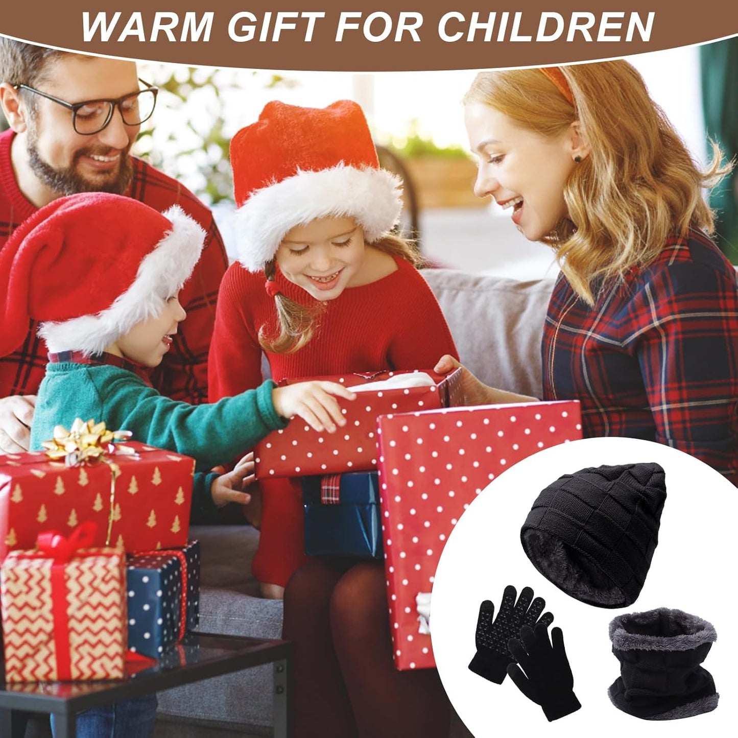 3Pcs Kids Hat Scarf Gloves Set, Winter Knitted Fleece Lined Beanie Hat Neck Warmer Touch Screen Gloves for Girls Boys