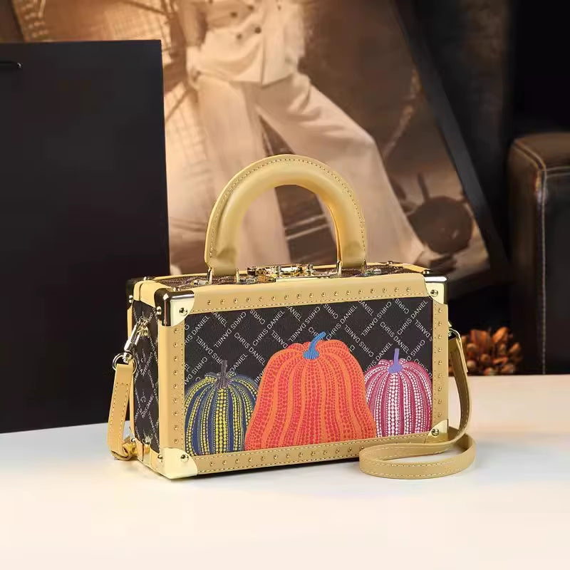 Genuine Leather Women Handbags Evening Bag Top Handle Satchel Crossbody Bag Small Hard Purse Pumpkin Box Bags