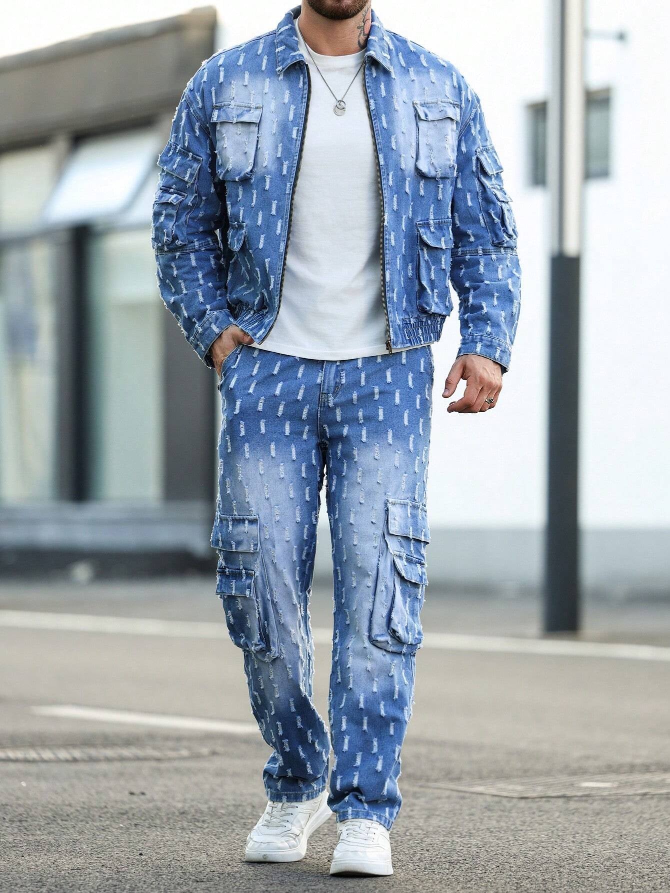 Manfinity Homme Men'S 2Pcs/Set Long Sleeve Jacket and Jeans Pants Casual Suit