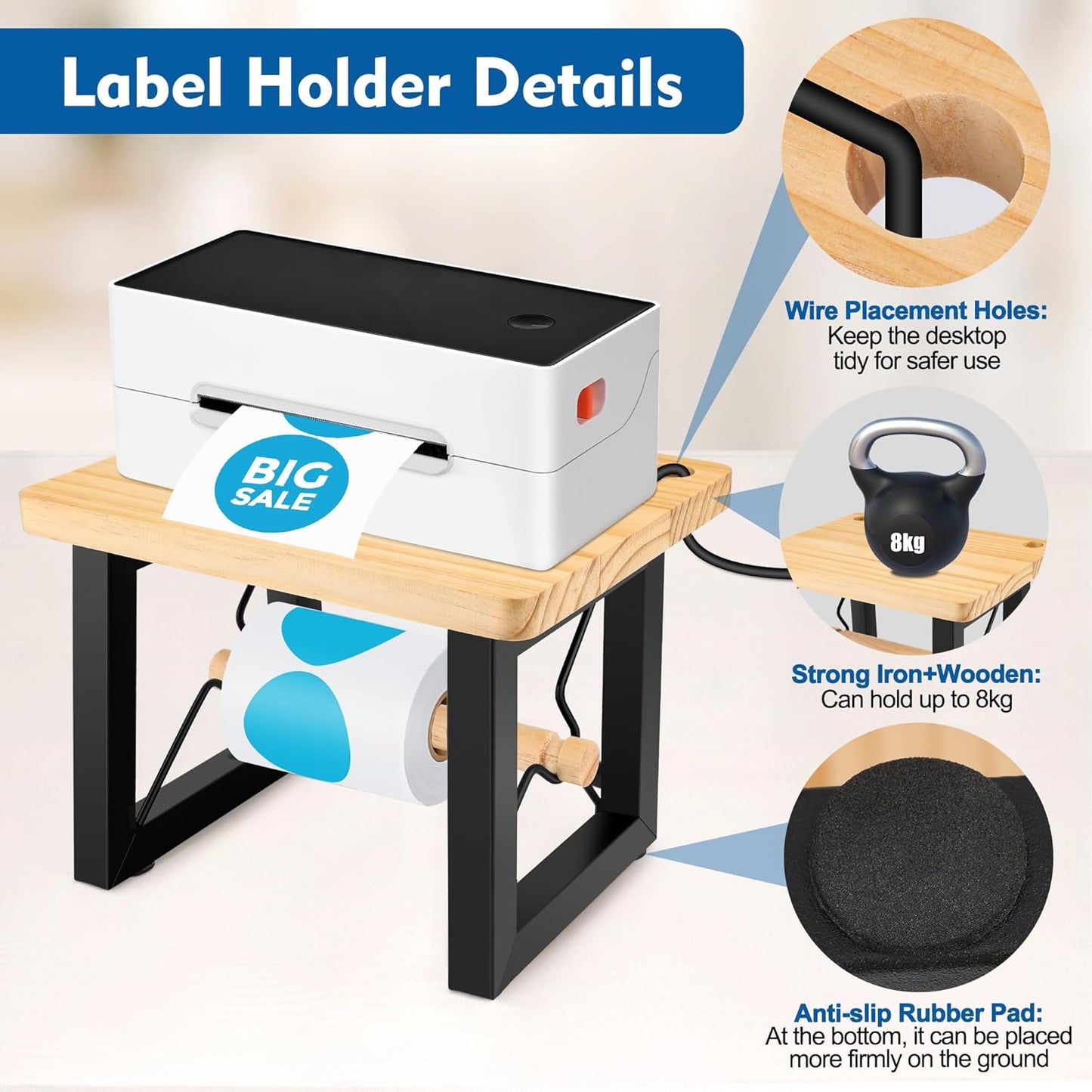 Label Holder for Rolls and Fan-Fold Labels, Wooden Desktop Printer Label Organiser for Thermal Printer, Space-Saving Design for Home, Office & Small Business