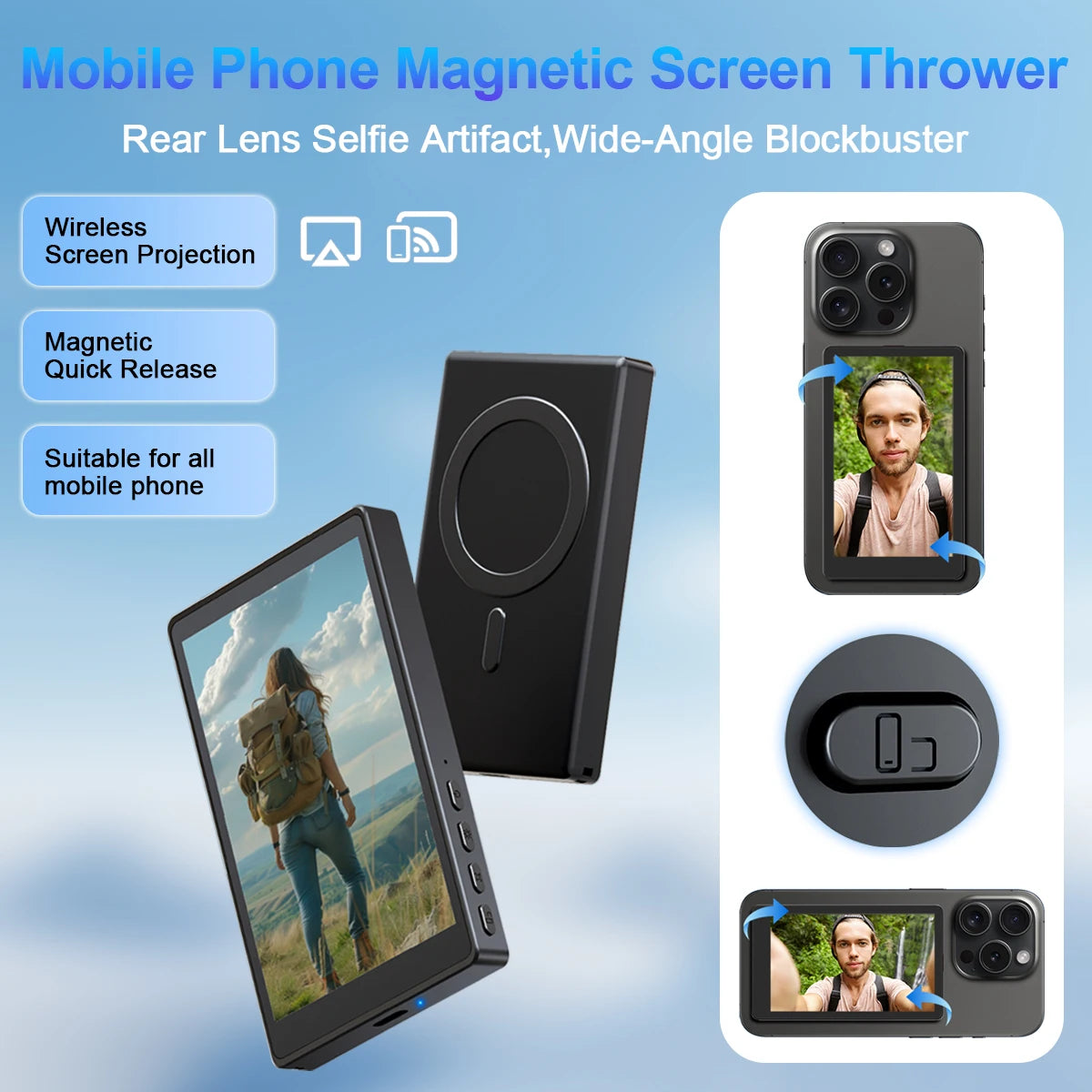 Wireless Selfie Monitor Screen,Magnetic Phone Vlog Selfie Monitor Screen 4K, Compatible with Iphone & Android