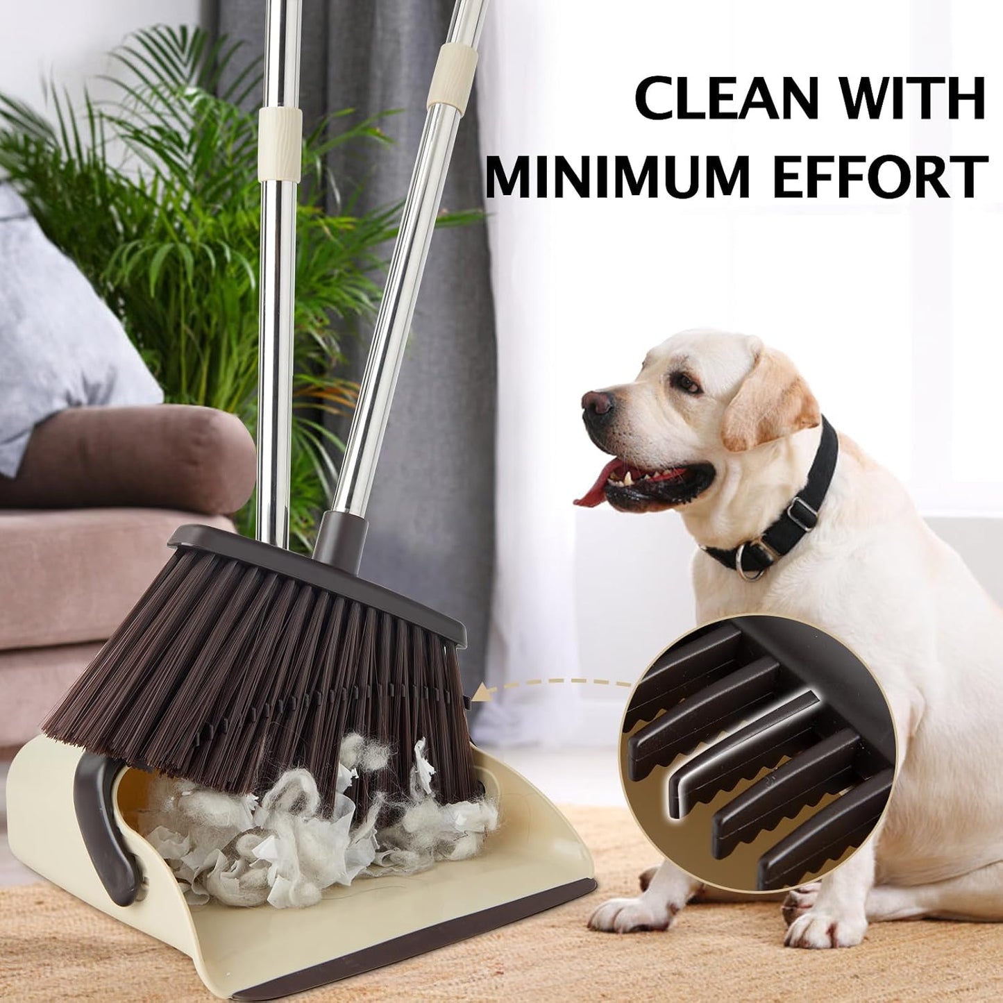 Long Handle Dustpan and Brush Sets, Broom and Dustpan Set with Comb Teeth, Sweeping Brush Set for Indoor Kitchen Lobby Office Sweeping Pet Dog Hair, Household Cleaning Supplies (Brown Beige)