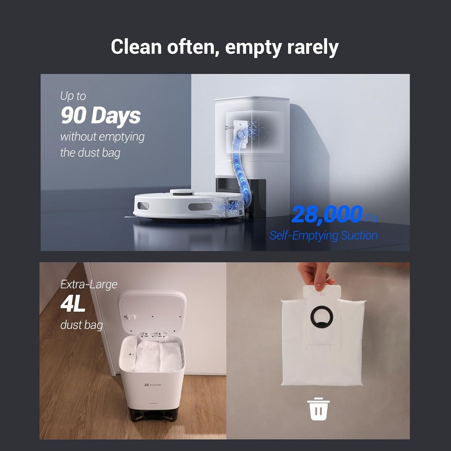 RE5 plus Robot Hoover Mop, 4L Self Emptying Station, 4000 Pa, Carpet Detection, Lidar Obstacle Avoidance, Self-Charging, Clean 300㎡, Wifi APP Control, Pet-Friendly, Robot Vacuum, Voice Assistant
