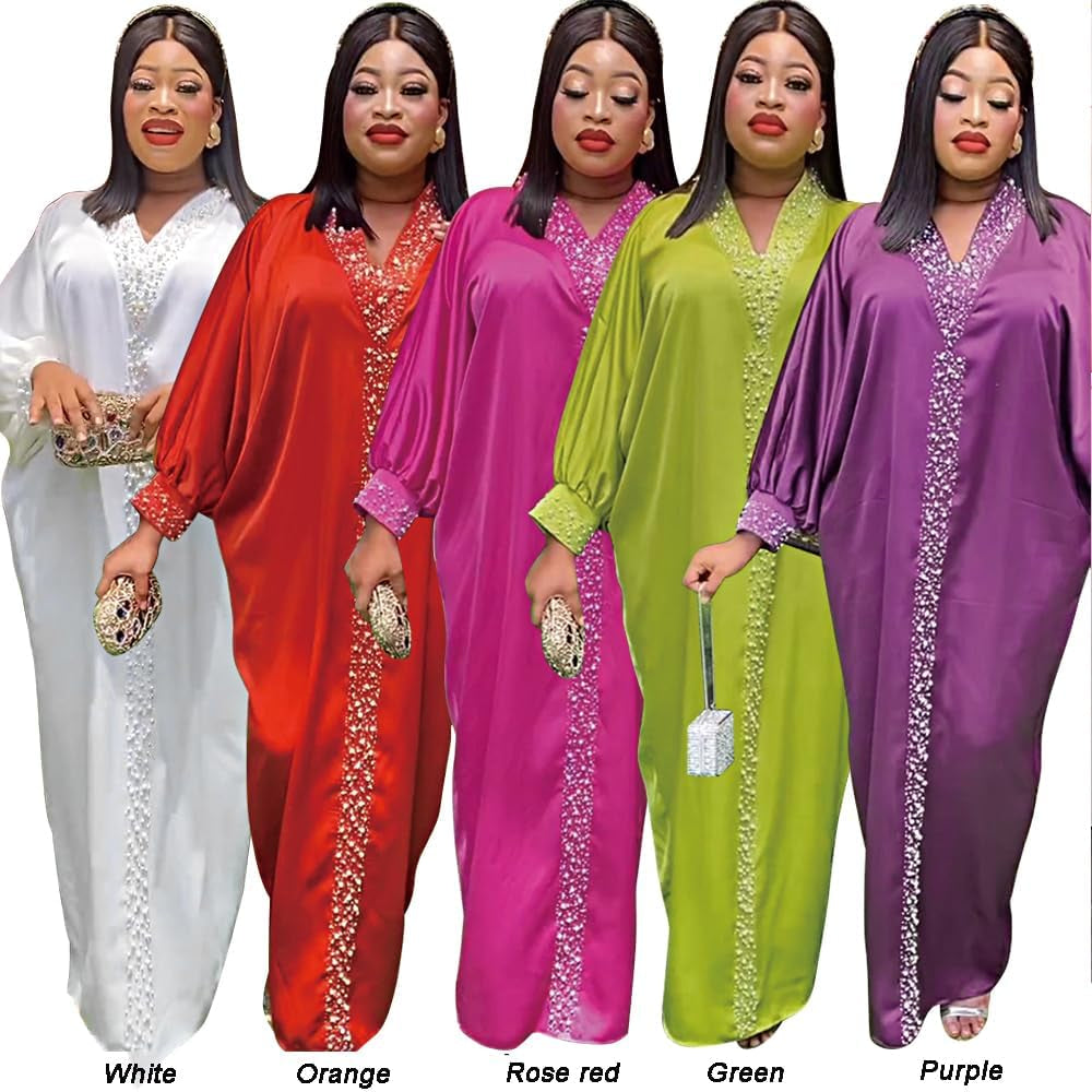 African Dresses for Women Fashion Beading Rhinestone Kaftan Maxi Dress