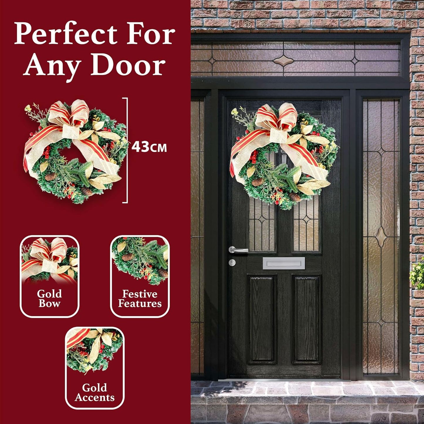 Christmas Wreath | Golden Christmas Door Wreath with Pine Cones & Berries