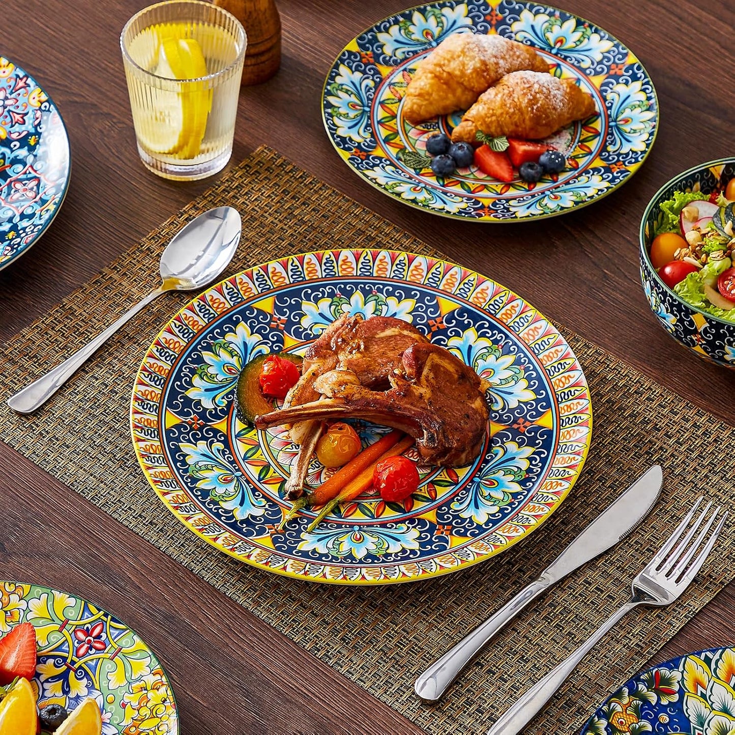 SIMI Dinner Set- 18 Pieces for 6 People, Porcelain Plates and Bowls Set, Bohemian Style Dinnerware Sets, Scratch Resistant Dinner Service Set, Dishwasher and Microwave Safe