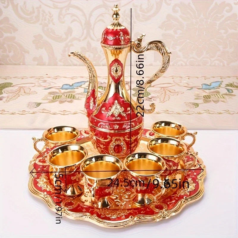 1Set Vintage Metal Turkish Coffee Pot Set European Style Tea Set 6 Luxury Coffee Cups Craft Tea Tray and Teapot for Serving Tea