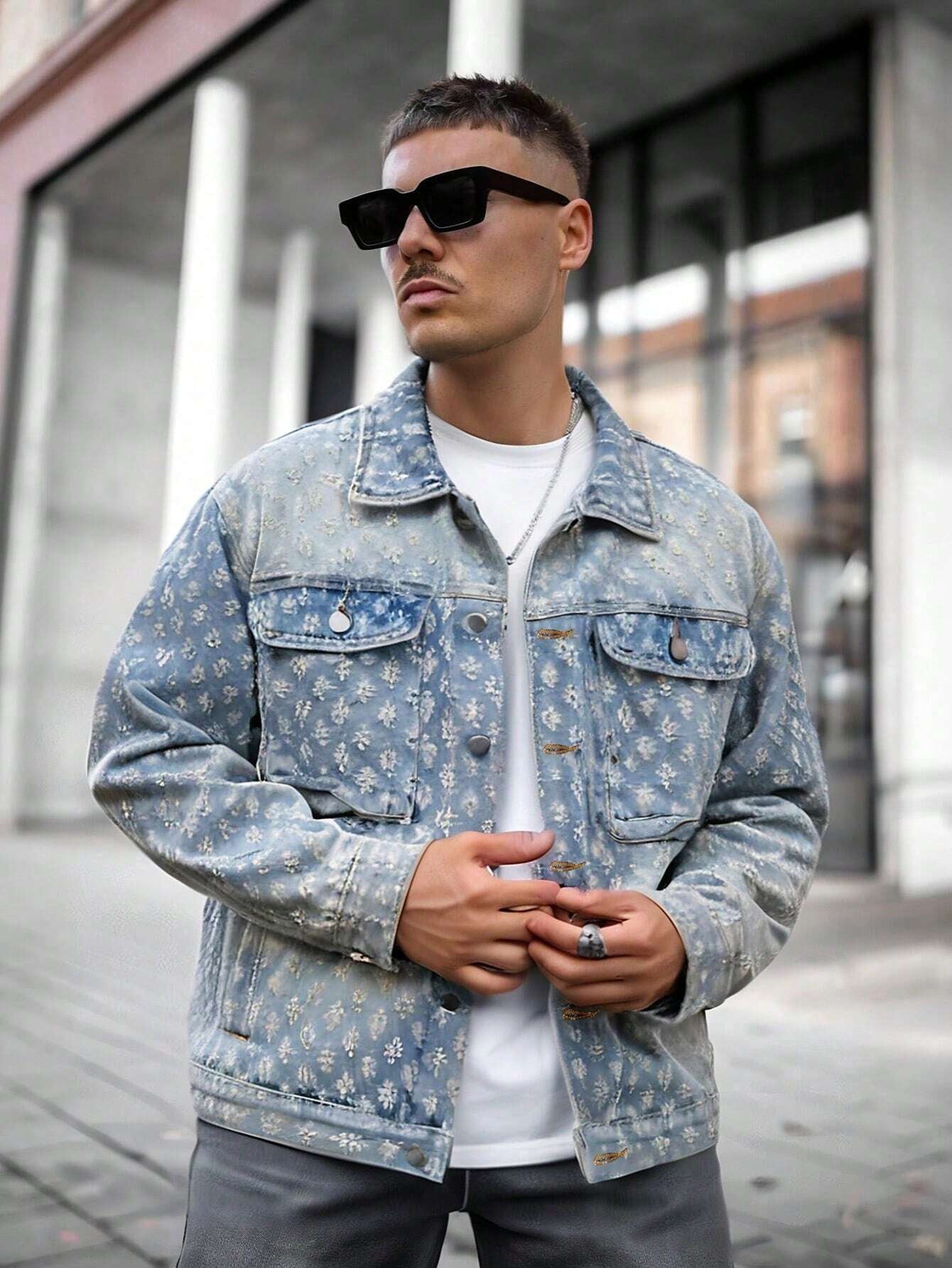 Men'S Retro Streetwear Fashion American Style Floral Print Denim Jacket, & Niche