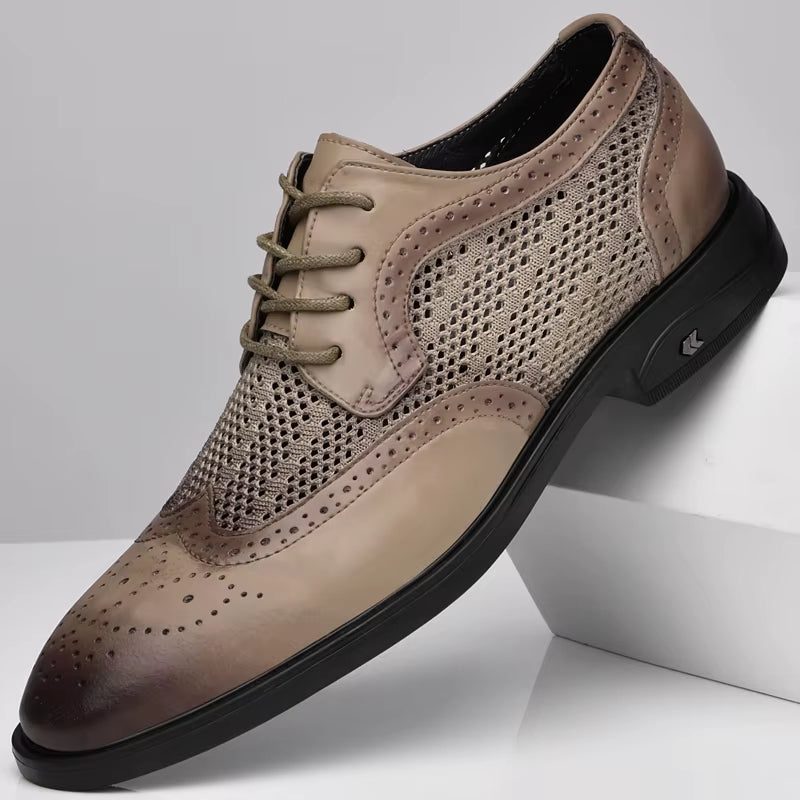 Men'S Genuine Leather Shoes Hollow Out Breathable Casual Shoes Business Leather Shoes Men'S Formal Shoes Low Heel Pointed Trend