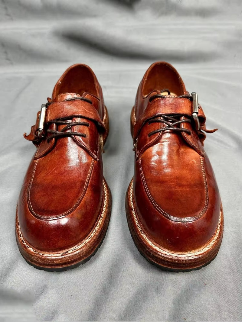 Handmade Mens Horsehide Genuine Leather Derby Shoes Thick Bottom Vintage Dress Shoes British Style round Toe Work Cargo Shoes