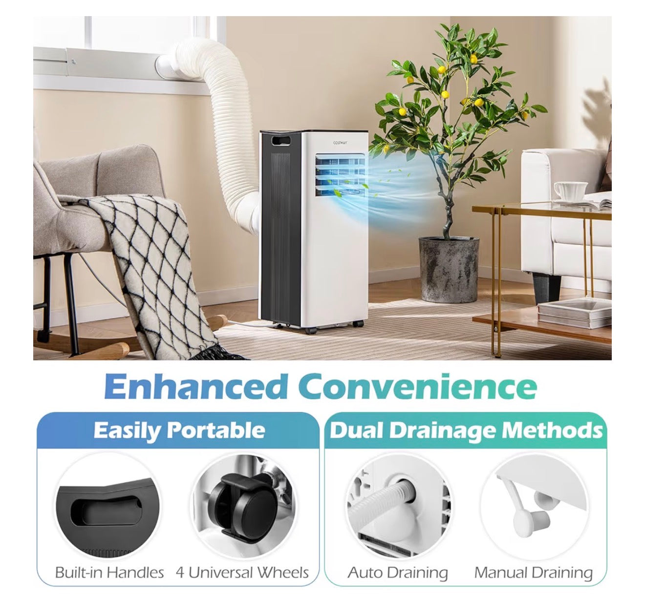 4-in-1 Portable Air Conditioner 9000 BTU, Air Conditioning Unit with 2 Speeds Fan, Dehumidifier & Sleep Mode, AC Unit with LED Display, Remote Control, 24H Timer, Child Lock & Window Kits